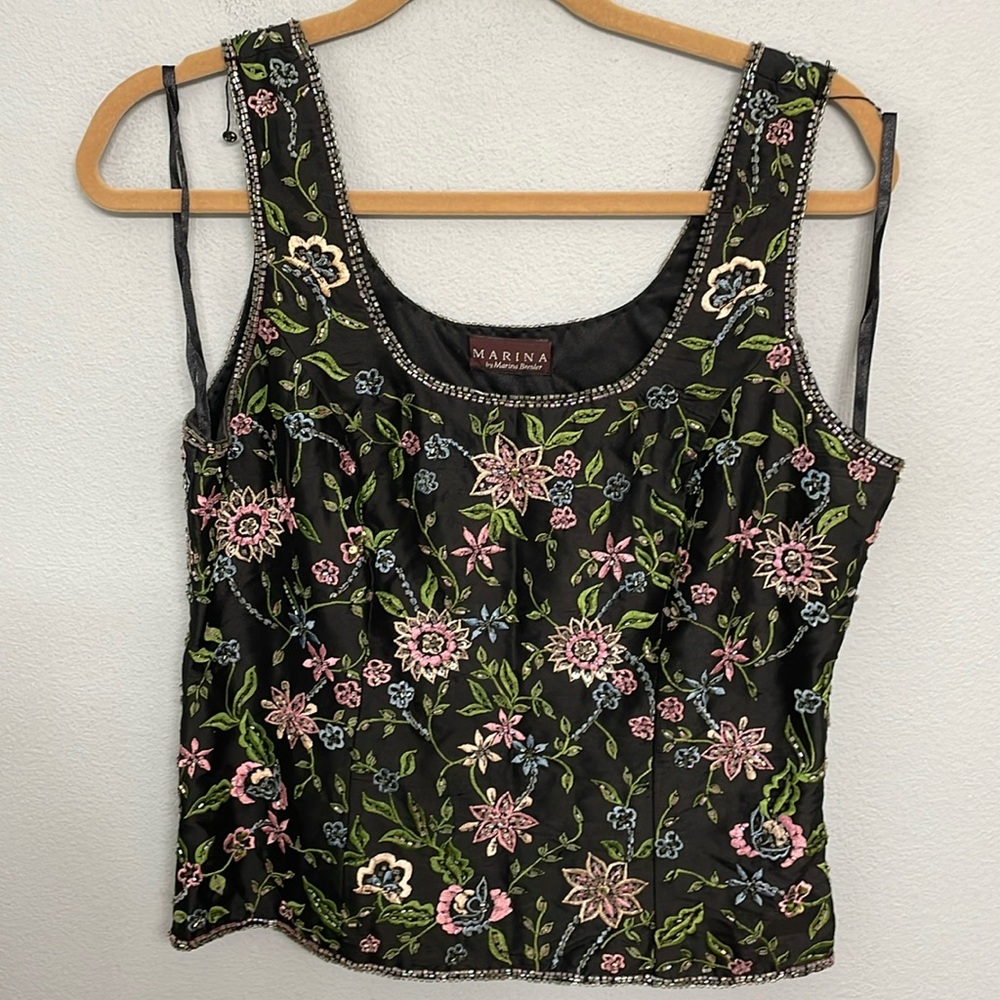 Marina Black Floral Embroidered /embellished  Women's sleeveless Top size 10